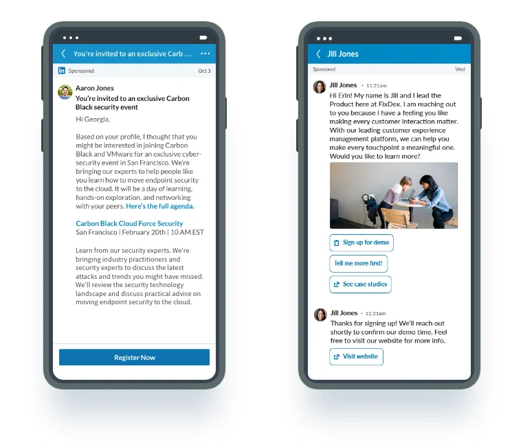 Exemplo oficial do LinkedIn de mensagem patrocinada, à esquerda, e anúncio de conversa com botões de resposta, à direita