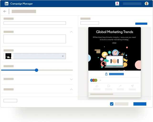 Tela oficial do LinkedIn mostrando a criação de um anúncio de documento, com a prévia do material bloqueado por formulário