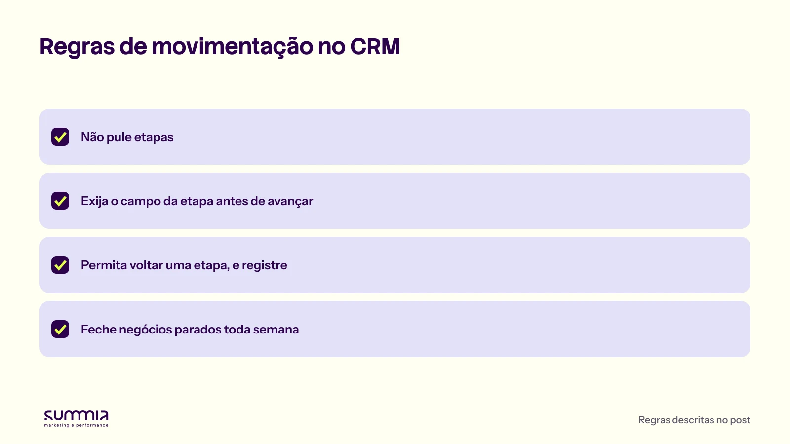 Quatro regras de movimentação de etapas no funil do CRM: não pular etapas, exigir o campo antes de avançar, permitir voltar e registrar, fechar negócios parados toda semana