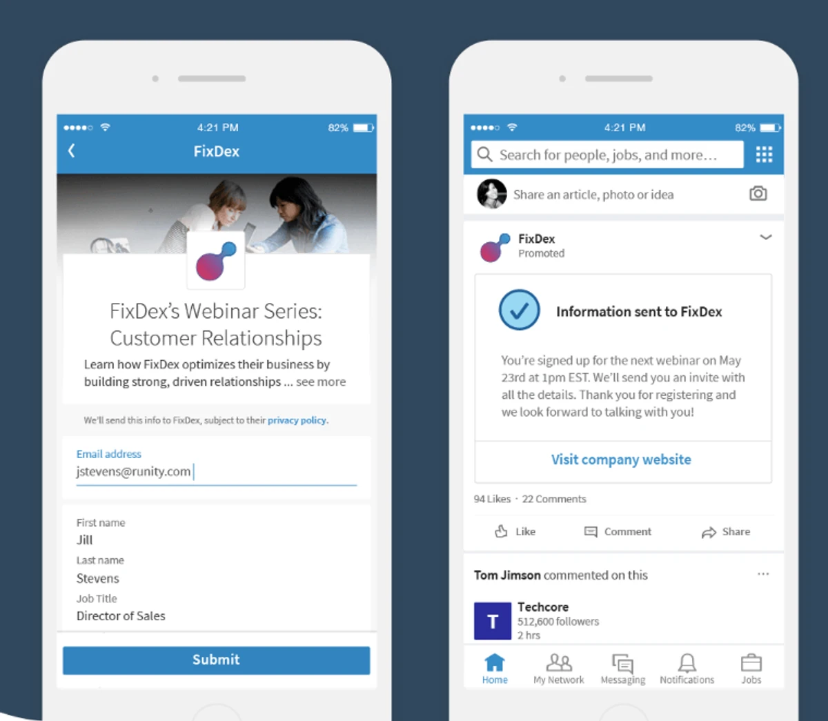 Formulário do LinkedIn aberto no celular com os dados do perfil já preenchidos e o botão Enviar, ao lado da mensagem de confirmação no feed