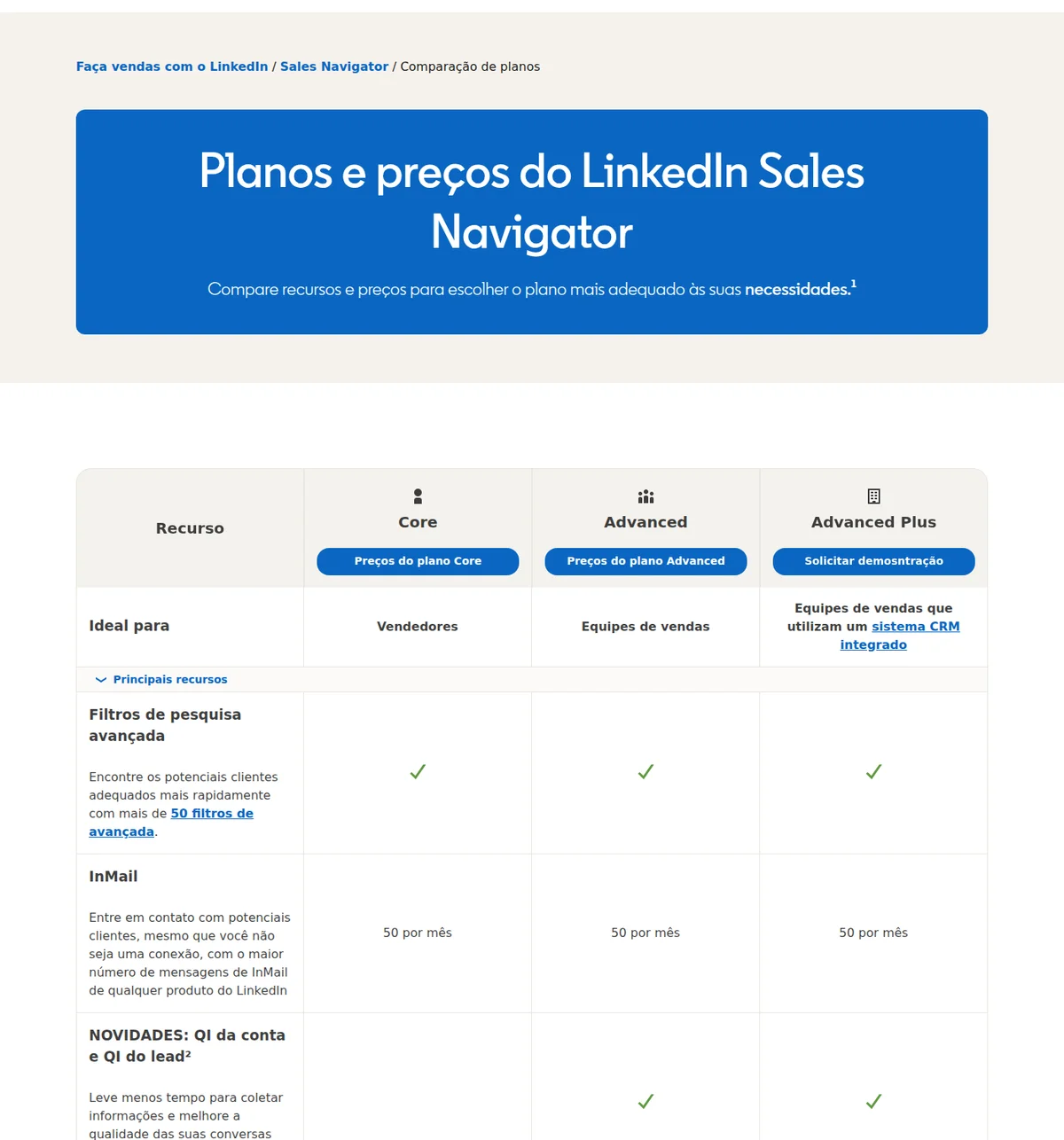 Print da página oficial do LinkedIn Sales Navigator, em português, com o título Planos e preços e a tabela comparando Core, Advanced e Advanced Plus: filtros de pesquisa avançada, InMail 50 por mês, insights de IA, gestão de licenças e integração com CRM