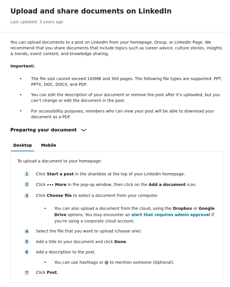 Captura da Central de Ajuda do LinkedIn, página "Upload and share documents on LinkedIn", com o limite de 100 MB e 300 páginas, os formatos aceitos e os sete passos do computador