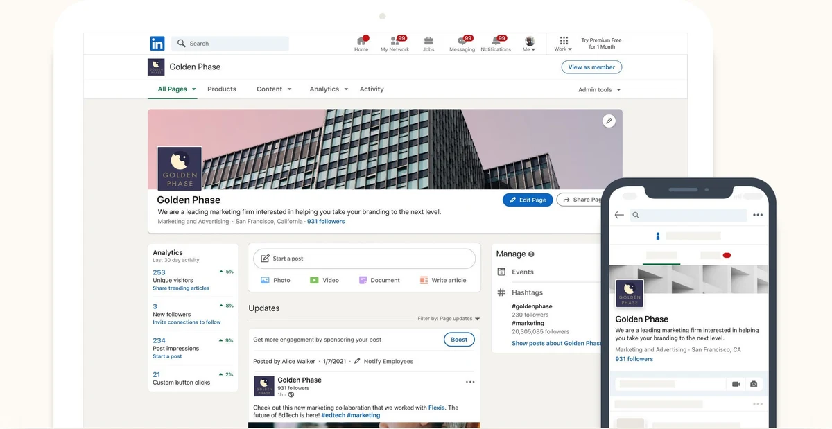 Painel de administrador de uma Page de exemplo: capa, logo, nome, slogan, setor, localização, número de seguidores, botão Edit Page, bloco de análises dos últimos 30 dias com visitantes únicos, novos seguidores, impressões e cliques no botão personalizado, e a opção de convidar conexões para seguir